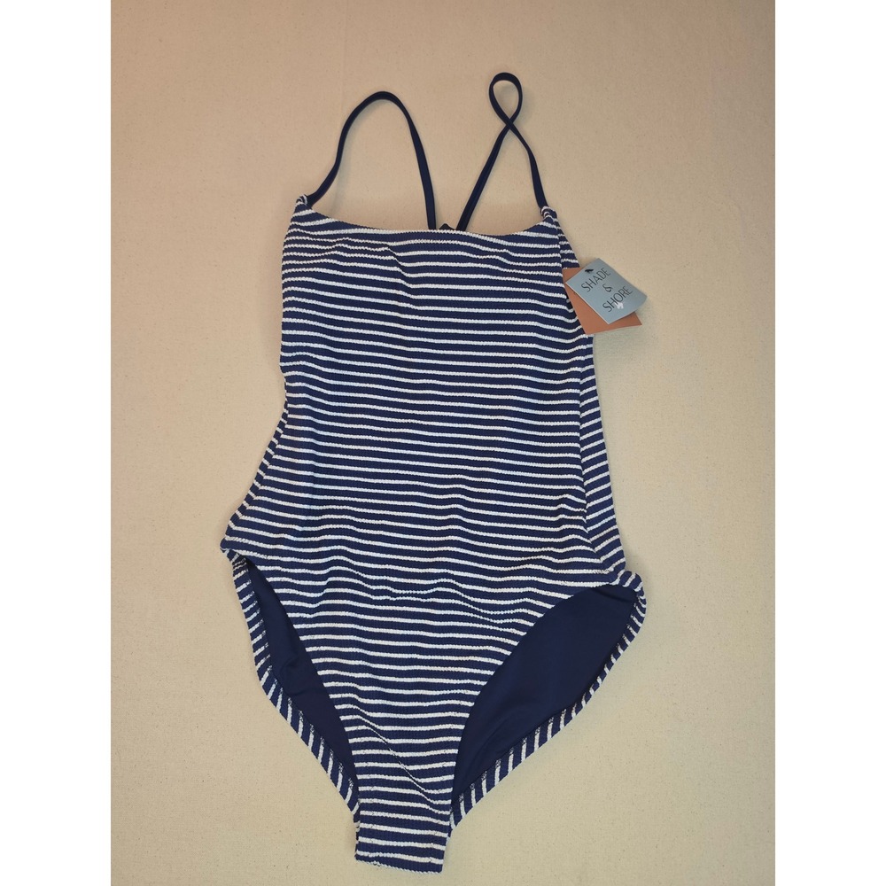Shade & Shore Pucker Cross Back One Piece Swimsuit Blue XS NWT